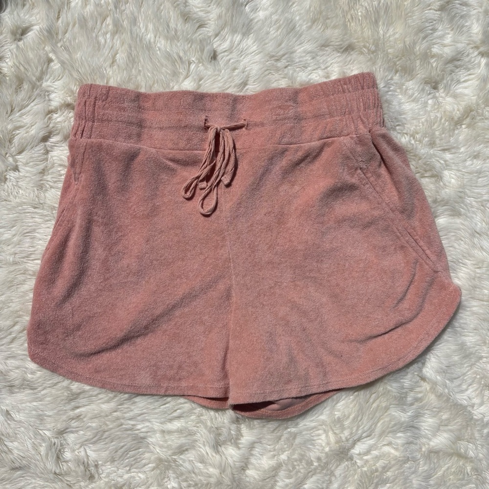 Como Vintage Dusty PinkTerry Cloth Drawstring Elastic Waist Shorts Womens Small